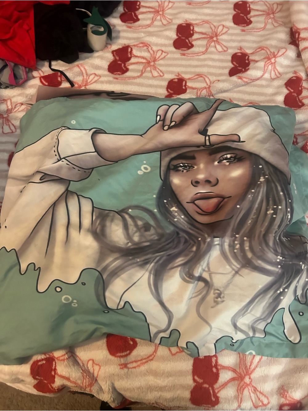 Billie eilish Illustrated Girl Pillow Cover and sheet  in Teal and White